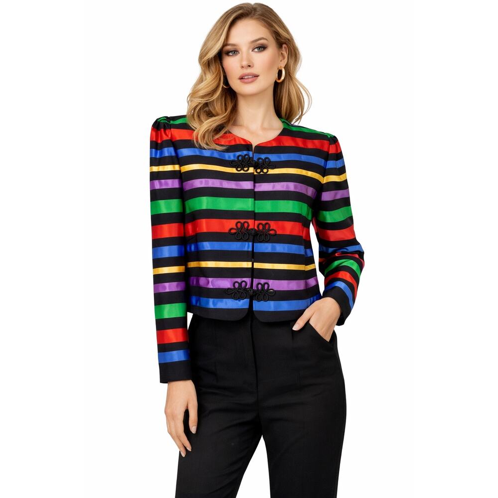 Vintage 1980s Maggy London Rainbow Stripe Frog Closure Jacket medium